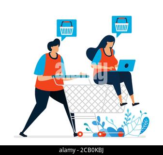 Vektor-Illustration des Shops mit einem Trolley im Supermarkt. Online einkaufen mit Bestellungen im E-Commerce. Kaufen Sie im Lebensmittelgeschäft nach Heftklammern Stock Vektor