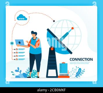 Vektor-Illustration für Internet-Verbindung und Sender für Kommunikation. Menschliche Vektor Cartoon-Figuren. Design für Landing Pages, Web, Website Stock Vektor