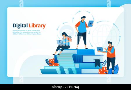 Vektordarstellung von Aktivitäten aus dem Fernstudium und digitalen Bibliotheken. Bildung 4.0, Studenten lernen von zu Hause aus. E-Learning und E-Bibliothek. Des Stock Vektor
