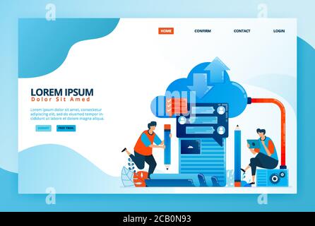 Cartoon-Illustration für Cloud-Computing-basierte Online-Learning. Moderne Kommunikation und Lehre mit Abstand. Digitales Lernen mit Internet. Vecto Stock Vektor