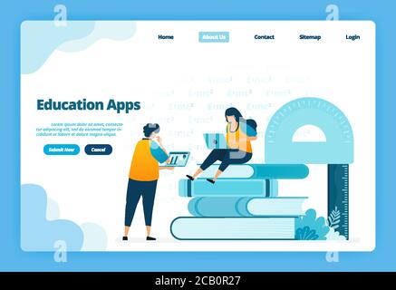 Landing Page von Apps für den Bildungsbereich. Modernes Fernstudium mit virtuellen Internetkursen. Illustration Landing Page, Website, mobile Apps, Poster, fl Stock Vektor
