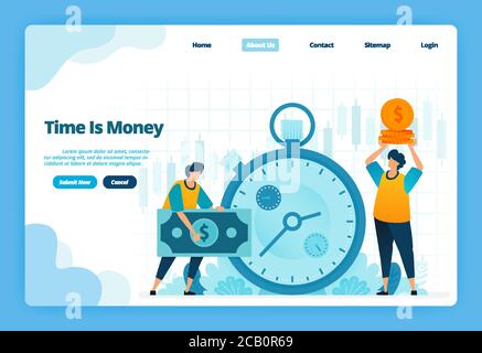 Landing Page von Zeit ist Geld. Finanzmanagement für Finanzinvestitionen und Währungswechsel. Abbildung der Landing Page, Website, mobile Apps Stock Vektor