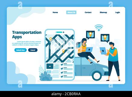 Landing Page von Transport-Apps. Buchen und mieten städtischen Transport mit Apps. Darstellung von Landing Page, Website, Mobile Apps, Poster, Flyer Stock Vektor