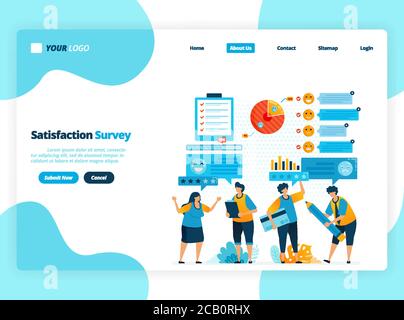 Landing-Page-Vorlage von Emoticon Zufriedenheitsumfragen. Geben Sie Bewertung und Sterne für Apps Dienste. Gutes Feedback mit Emoticons. Illustration für Banner Stock Vektor