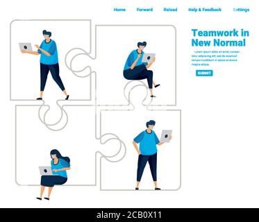 Menschen passen sich an die Zusammenarbeit an und arbeiten im Team beim Aufbau von Unternehmen, die während einer Pandemie fallen. Lösen Sie Probleme und Puzzle-Spiele. Illustration Design von Stock Vektor