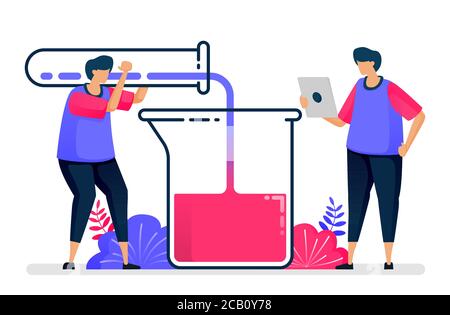 Flache Vektordarstellung des Experiments mit Reagenzgläsern und Bechergläsern. Chemie lernen und studieren. Design für das Gesundheitswesen. Kann für Landing Page verwendet werden, Stock Vektor