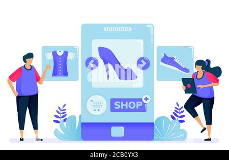 Vektor-Illustration für den Einkauf mit mobilen Apps für Modeprodukte. Eröffnen Sie einen Shop und werden Sie Verkäufer mit Apps. Kann für Landing Page, Websi, verwendet werden Stock Vektor