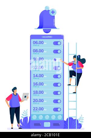 Vektordarstellung für Checkliste der Alarm-Apps zum Aufwachen. Klingelglocke Apps zu erinnern und zu warnen. Kann für Landing Page, Website, Web, mobile Apps verwendet werden Stock Vektor