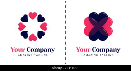 Das Love-Logo mit dem Thema 8 rotierenden Herzen und dem vierblättrigen Kleeblatt-förmigen Love-Logo für Viel Glück. Vorlagen können für Unternehmen, Apps, Stock Vektor