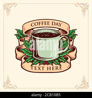 Coffee Day Glass mit Banner Vintage Illustrationen für Coffee Shop, Cafe, Bean Stock Vektor