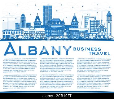Skizzieren Sie Albany New York City Skyline mit blauen Gebäuden und Copy Space. Vektorgrafik. Albany USA Stadtbild mit Wahrzeichen. Geschäftsreisen. Stock Vektor