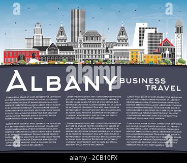 Albany New York City Skyline mit Color Buildings, Blue Sky und Copy Space. Vektorgrafik. Albany USA Stadtbild mit Wahrzeichen. Unternehmen. Stock Vektor