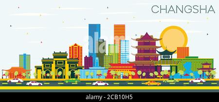 Changsha China City Skyline mit farbigen Gebäuden und blauem Himmel. Vektorgrafik. Business Travel und Tourismus Konzept mit moderner Architektur. Stock Vektor