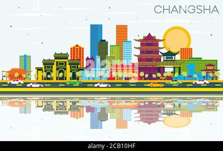 Changsha China City Skyline mit farbigen Gebäuden, blauem Himmel und Reflexionen. Vektorgrafik. Business Travel und Tourismus Konzept. Stock Vektor
