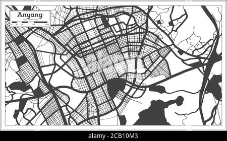 Anyang Südkorea Stadtplan in Schwarz-Weiß-Farbe im Retro-Stil. Übersichtskarte. Vektorgrafik. Stock Vektor