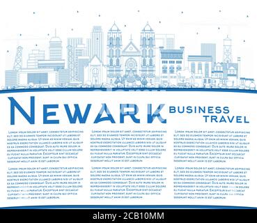 Umreißen Sie die Skyline von Newark New Jersey City mit blauen Gebäuden und Kopierfläche. Vektorgrafik. Newark Stadtbild mit Wahrzeichen. Stock Vektor