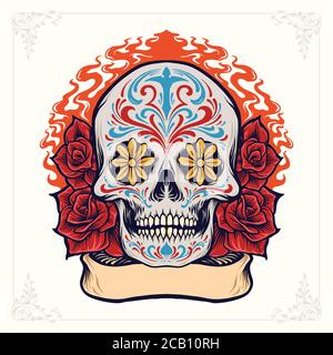 Sugar Skull Dia De Los Muertos mit Rosen und Band Für Merchandise und Aufkleber Bekleidungslinie Marke Stock Vektor