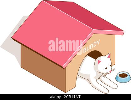 Katze sitzt im Katzenhaus vor einem Schüssel mit Lebensmitteln Stock Vektor