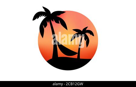 Vektor-Illustration der schwarzen Silhouette von zwei Palmen und einer Hängematte auf einer Insel mit einem Sonnenuntergang in einer orange und gelb. Design hat einen Icon-Effekt. Stock Vektor