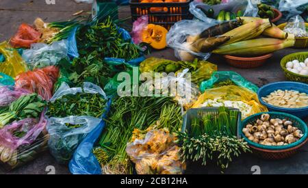 Auf dem Bürgersteig auf einem lokalen Markt in Vietnam, eine Menge Gemüse an einem Stand wie Auberginen, Papaya, Salat, Eier, Bambussprossen, Bittermelone, c Stockfoto