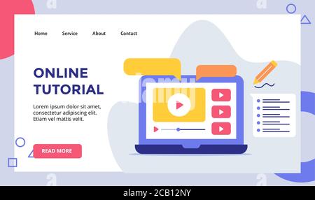Online-Tutorial Video auf Display-Monitor Laptop-Kampagne für Web-Website Startseite Landing Page Vorlage Banner mit modernen flachen Stil. Stock Vektor