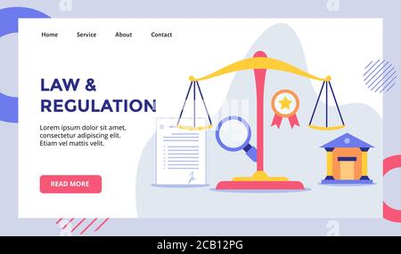 Gesetz und Regulierung Skala Balance Kampagne für Web-Website zu Hause Homepage Landing Page Template Banner mit modernem flachen Stil Stock Vektor