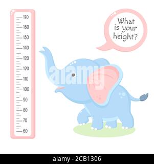 Höhendiagramm mit niedlichen Baby Elefant. Kinder Meter mit Cartoon Tier. Inschrift - wie groß ist Ihre Größe? Meter Wand oder Baby Skala Wachstum. Vektor-EP Stock Vektor