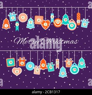 Weihnachts-Adventskalender mit Labels im Retro-Stil. Set von Winterurlaub Weihnachten Tags mit Zahlen. Vektor EPS8 Stock Vektor