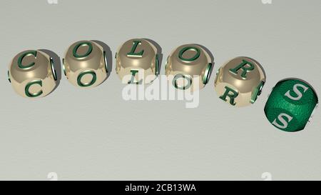 FARBEN gebogener Text von Würfelbuchstaben. 3D-Illustration. Hintergrund und Abstract Stockfoto