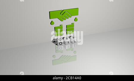 Öl Text kubische Würfel Buchstaben auf dem Boden und 3D-Symbol an der Wand. 3D-Illustration. Hintergrund und Abstract Stockfoto