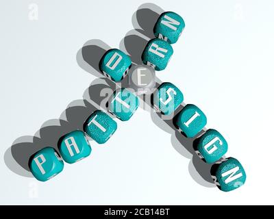 Musterdesign Kreuzworträtsel aus gebogenem Text aus einzelnen Buchstaben. 3D-Illustration. Hintergrund und Abstract Stockfoto