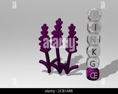 ginkgo 3D-Symbol neben dem vertikalen Text einzelner Buchstaben. 3D-Illustration. Biloba und Blätter Stockfoto