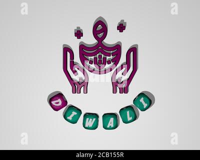 DIWALI-Text um das 3D-Symbol. 3D-Illustration. Hintergrund und Festival Stockfoto