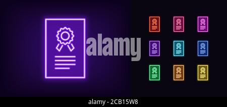 Neon-Zertifikat-Symbol. Leuchtendes Neon-Lizenzzeichen, Patentdokument in lebendigen Farben. Digitales Zertifikat, elektronische Vereinbarung, Garantiedokument. Symbol Stock Vektor
