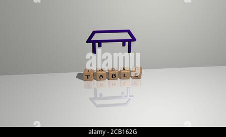 Tabelle Text von Würfeln Buchstaben auf dem Boden und 3D-Symbol an der Wand. 3D-Illustration. Hintergrund und Holz Stockfoto