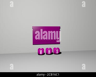 VHS 3D-Symbol an der Wand und Text von kubischen Alphabeten auf dem Boden. 3D-Illustration. Hintergrund und Glitch Stockfoto