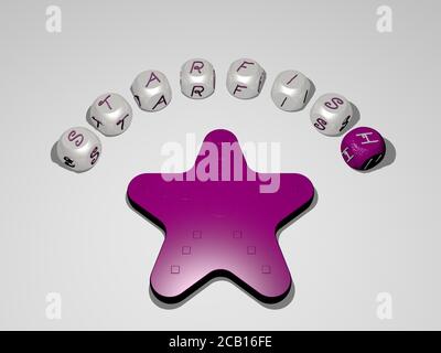 Seestern 3D-Symbol umgeben von dem Text von kubischen Buchstaben. 3D-Illustration. Hintergrund und Meer Stockfoto