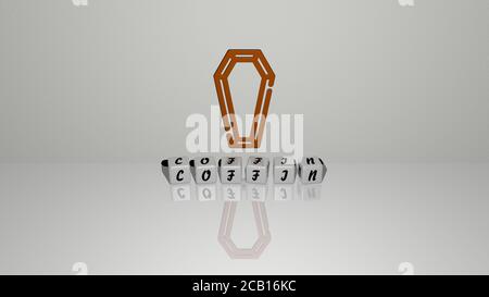SARG Text von Würfeln Buchstaben auf dem Boden und 3D-Symbol an der Wand. 3D-Illustration. Hintergrund und halloween Stockfoto