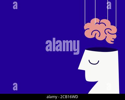 Psychische Gesundheit, Krankheit, Gehirnentwicklung, medizinische Behandlung Konzept, Gehirn wurden vom menschlichen Kopf durch Marionetten Strings entfernt, Vektor-Illustration Stock Vektor