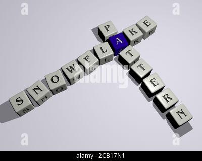 schneeflocke Muster Kreuzworträtsel durch Würfelbuchstaben. 3D-Illustration. weihnachten und Hintergrund Stockfoto