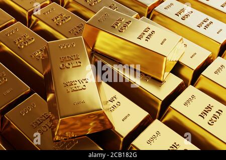 Nahaufnahme von Goldbarren oder Barren im Hintergrund des Bankgewölbes. Edelmetall. 3D-Illustration . Hochwertige 3d-Illustration Stockfoto