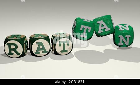 RATTAN Text durch tanzen Würfel Buchstaben. 3D-Illustration. Hintergrund und Design Stockfoto