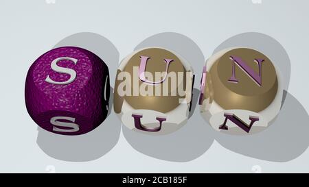 Kreuzworträtsel der SONNE angeordnet durch kubische Buchstaben auf einem Spiegelboden, Konzept Bedeutung und Präsentation. Hintergrund und Illustration. 3D-Illustration Stockfoto