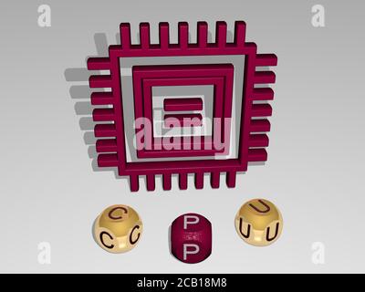 cpu runden Text von kubischen Buchstaben um 3D-Symbol. 3D Illustration. Computer und Hintergrund Stockfoto