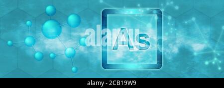 Als Symbol. Arsen-chemisches Element mit Molekül und Netzwerk auf blauem Hintergrund Stockfoto