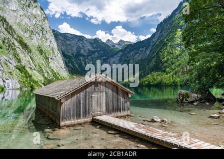 Bootshaus am Obersee, Königssee, Nationalpark Berchtesgaden, Bezirk Berchtesgadener Land, Oberbayern, Bayern, Deutschland Stockfoto