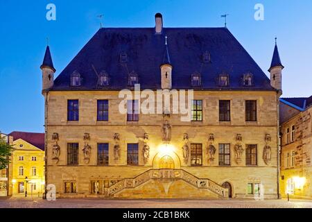 Rathaus am Abend, Ort der Unterzeichnung des Westfälischen Friedens, Osnabrück, Niedersachsen, Deutschland Stockfoto