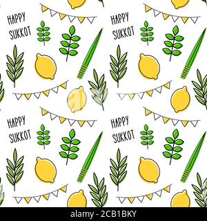 Nahtloses Muster für jüdischen Urlaub Sukkot . Nahtloses Hintergrund. Wiederholende Textur mit Etrog, Lulav, Arava, Hadas. Illustration Stockfoto