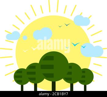 Vector Illustration. Einfache natürliche Landschaft mit großen Sonne und Wald, Wolken und Vögel. Stock Vektor