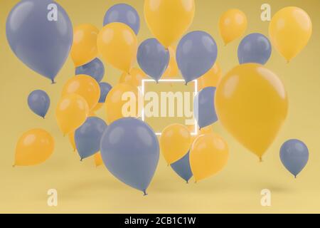 3d-Rendering von hellen quadratischen Rahmen mit blauen und bedeckt Gelbe Ballons Stockfoto